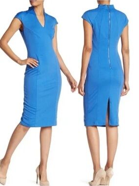 Alexia Admor Women’s Blue V-Neck Sheath Cap Sleeve Midi Dress size large